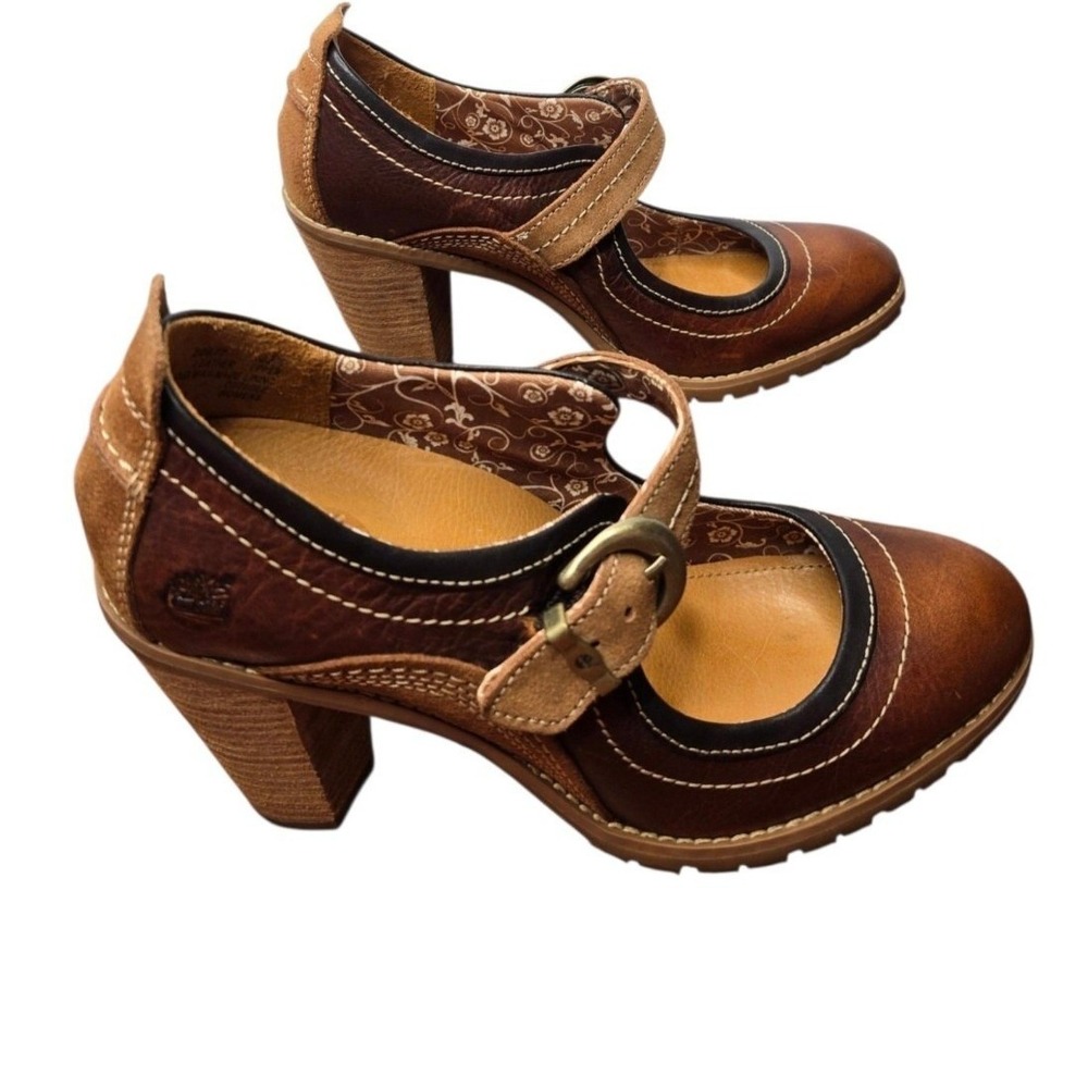 Timberland Earthkeepers Chauncey Buckle Mary Jane Heels 10 Brown Leather Suede